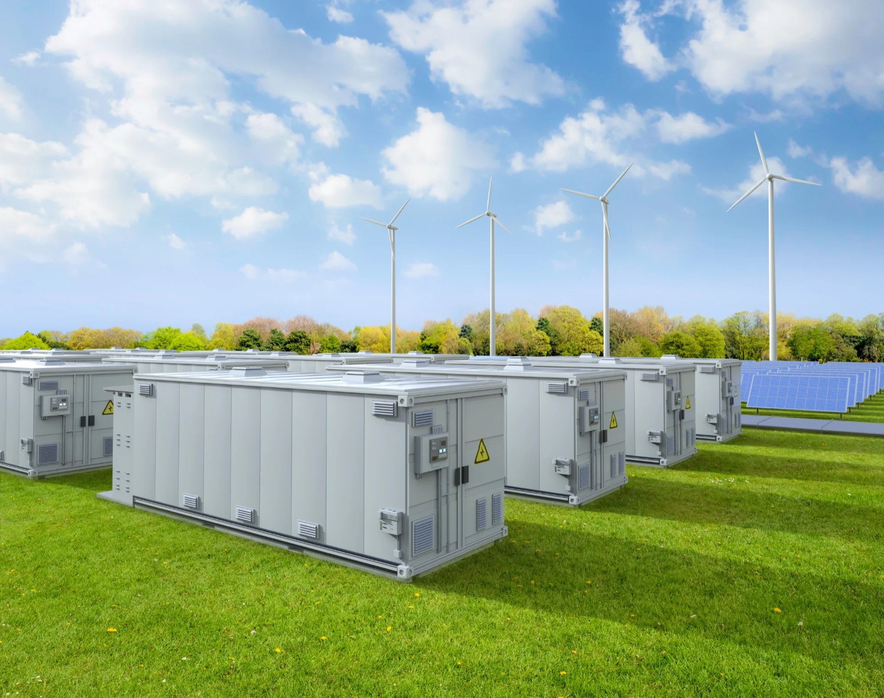 Kontenerowe przemysłowe magazyny energii przy zakładzie produkcyjnym