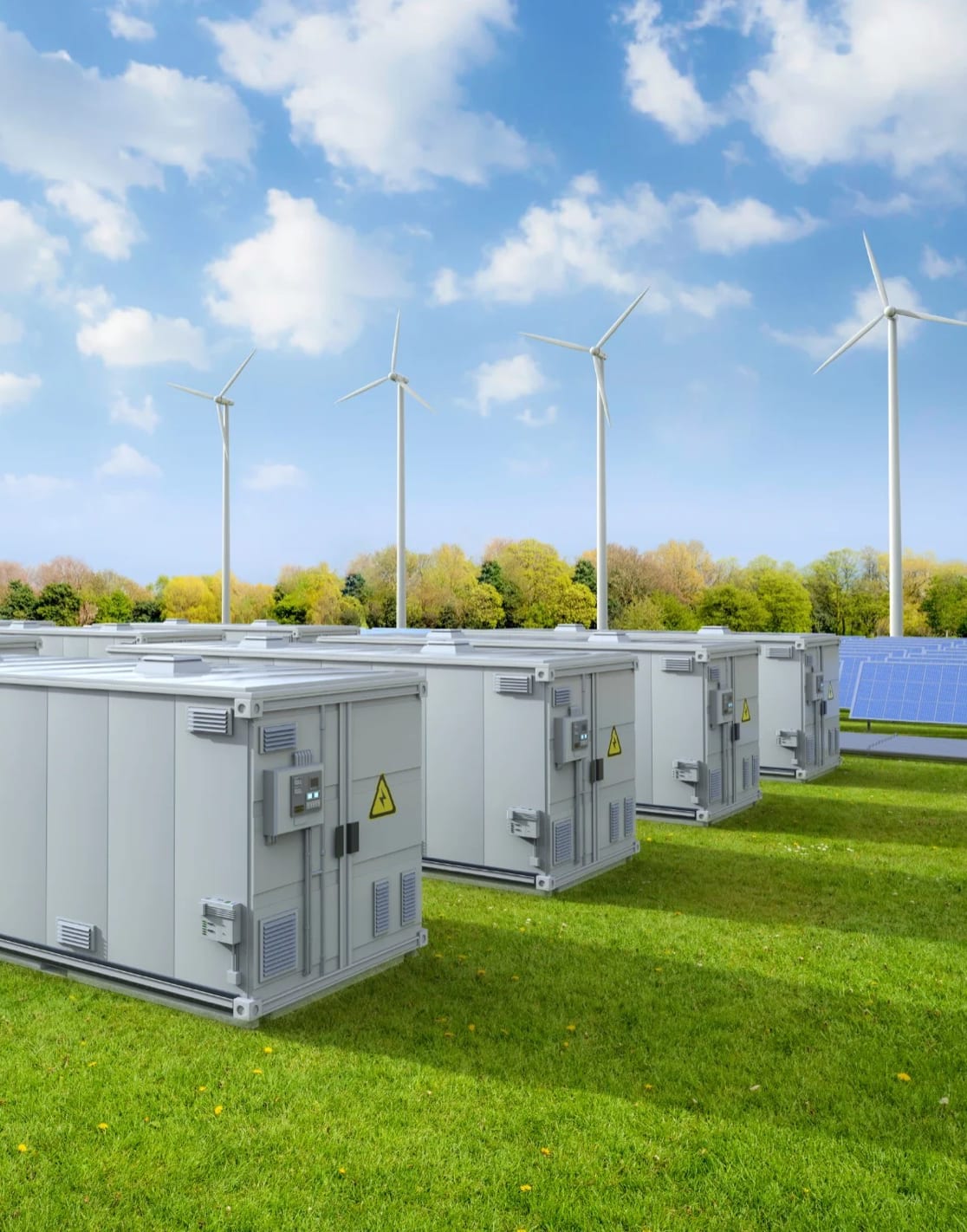 Kontenerowe magazyny energii przy farmie odnawialnych źródeł